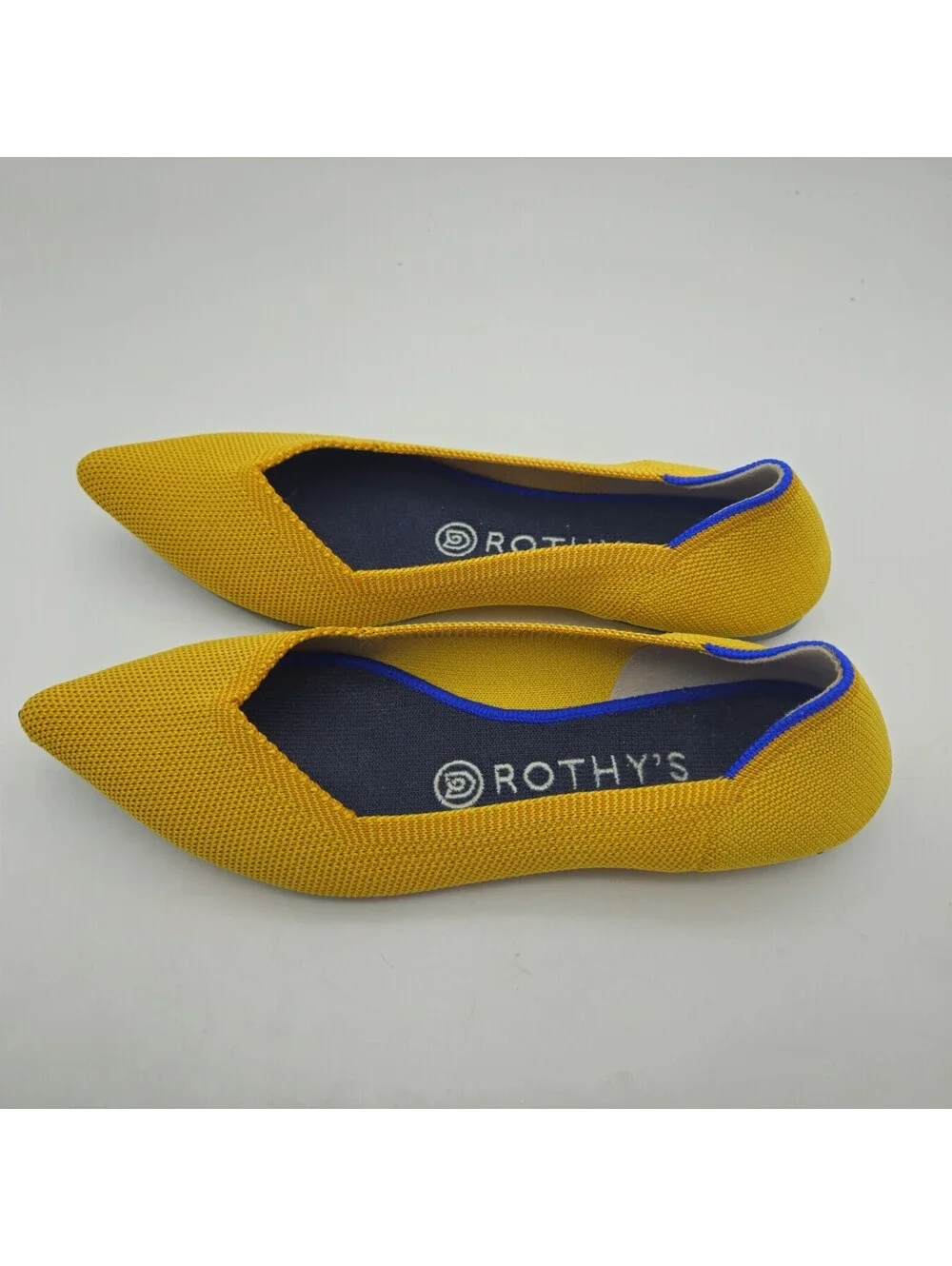 Rothys Ladies 7.5 Point Marigold Yellow Blue Heel Accent Mesh Upper Slip On NEW